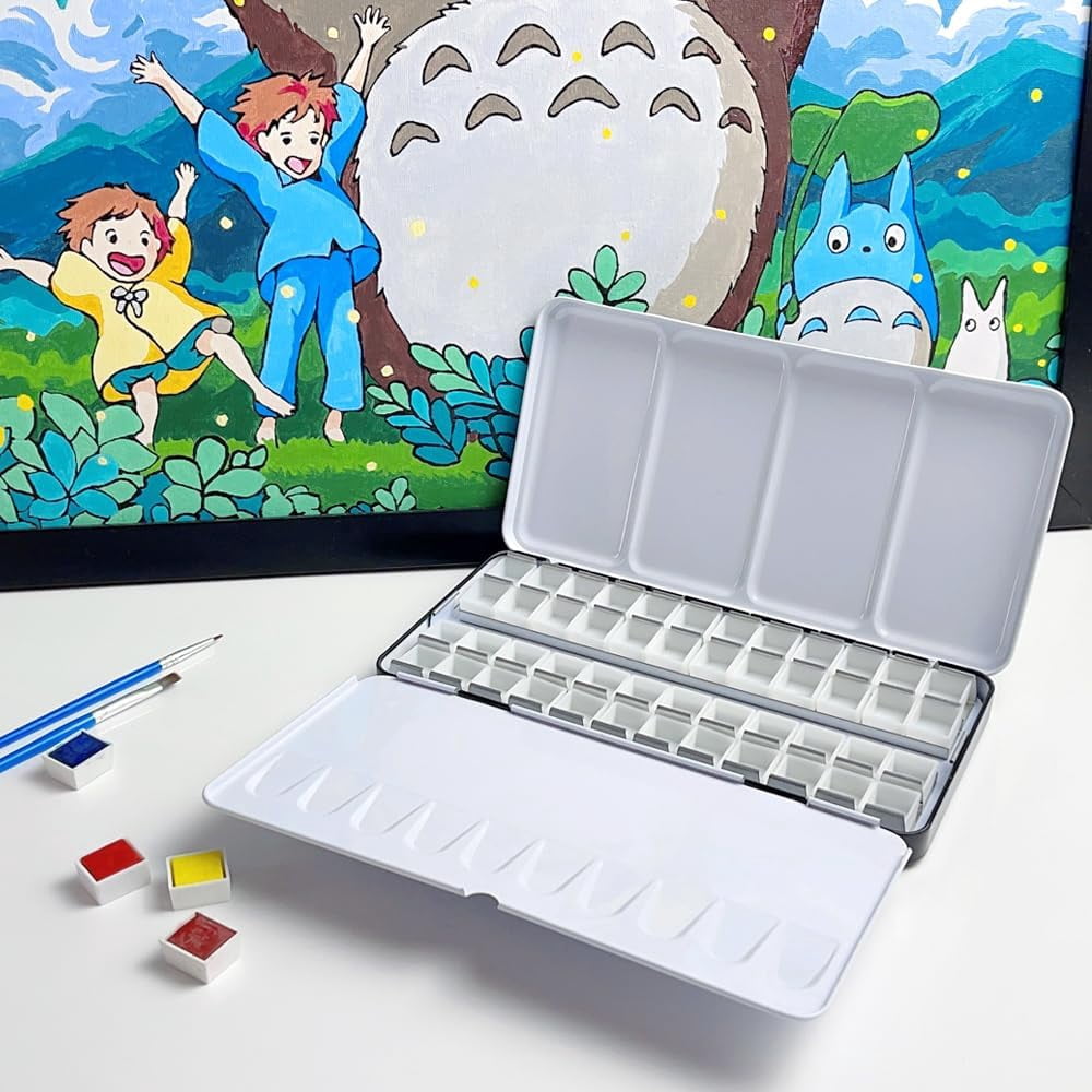 JJEAN-Empty Watercolor Palette Paint Case - Large Watercolor Metal Tin with 48Pcs Half Pans