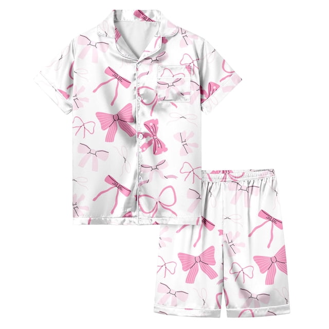 Pyjama Imprimé Nœud pour Filles Manches Courtes Bouton Haut Shorts Ensemble de Pyjama Maison