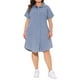 thumbnail image 1 of Vestido de mezclilla de mujer de talla grande Agnes Orinda, con cuello, manga corta, botones, dobladillo curvado, estilo casual, corte A, midi, con bolsillos, 3X azul claro, 1 of 8