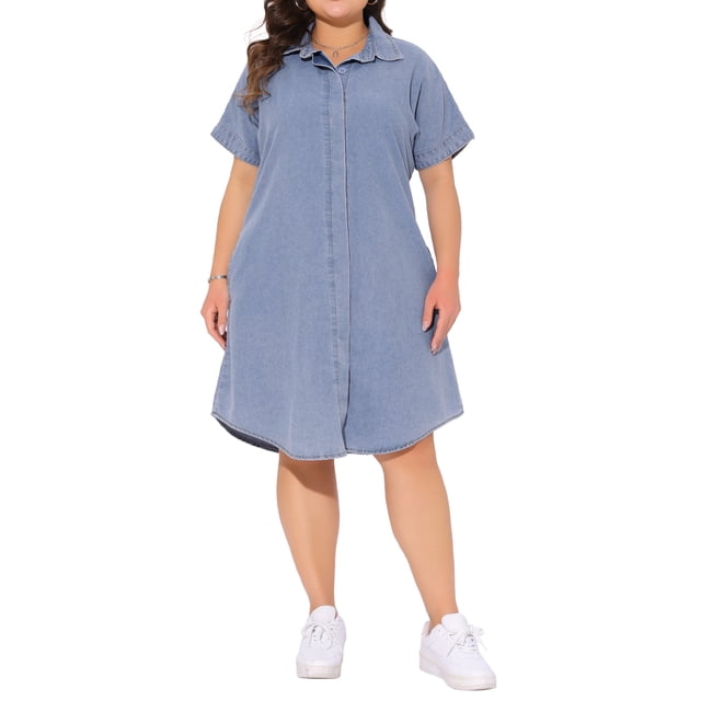 Vestido de mezclilla de mujer de talla grande Agnes Orinda, con cuello, manga corta, botones, dobladillo curvado, estilo casual, corte A, midi, con bolsillos, 3X azul claro