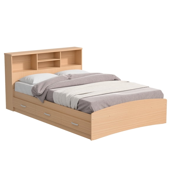 Woodpeckers Furniture and Mattress Full Size Bed with 3 Drawers & Bookcase Headboard - Beige Wood Furniture