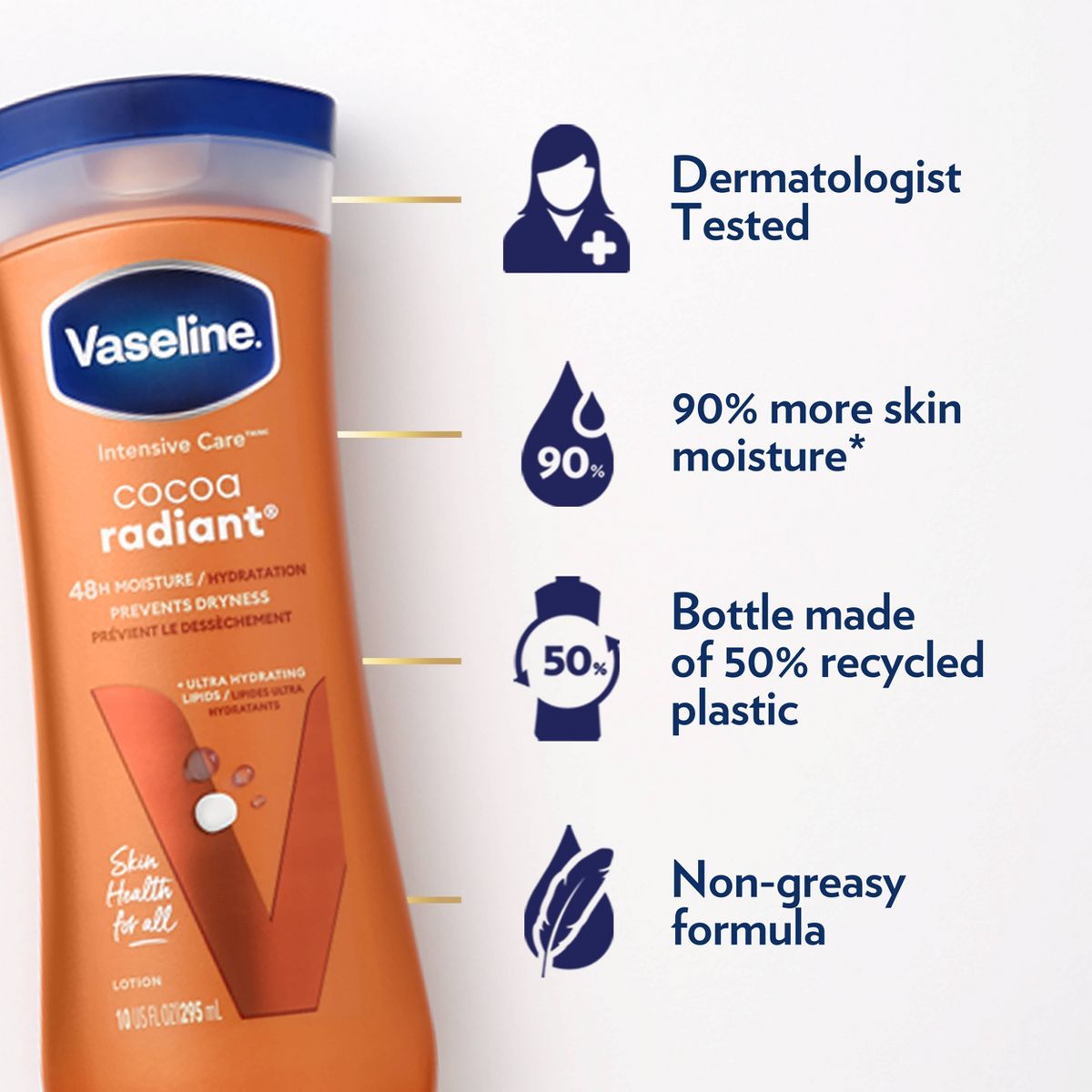 2X - Vaseline Intensive Care Body Lotion Cocoa Radiant for Dry Skin with Ultra-Hydrating Lipids 10 fl oz