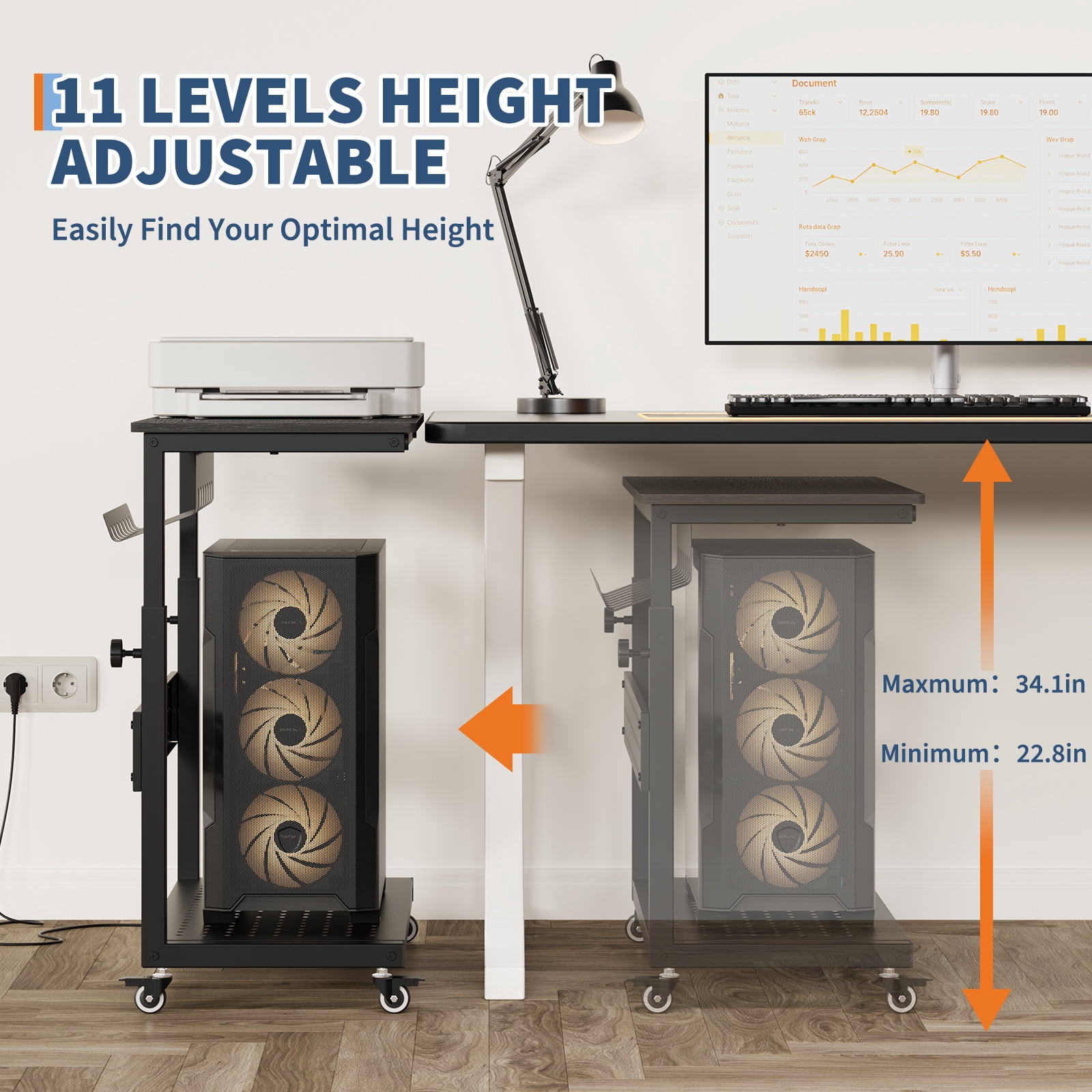 28" Computer Tower Stand, Adjustable Under Desk PC Cart, Mobile Rolling CPU Holder, Perfect for Office,Laptop Desk.