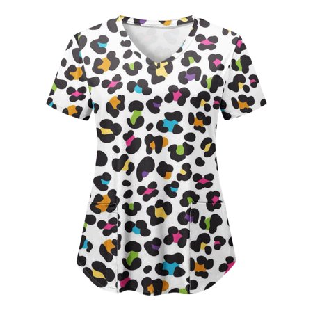 

Women Scrubs Top Working Uniform Nurses Clothing Workwear Fashion Casual V-Neck Coloured Leopard Printed Short Sleeve Protective Clothing Streetwear
