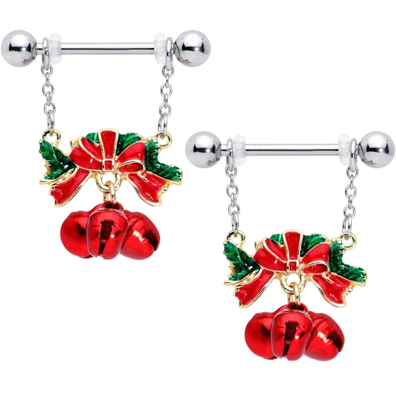 Body Candy 14G Womens Nipplerings Piercing Stainless Steel 2Pc Green Red Bells Dangle Nipple Ring Set 9/16"
