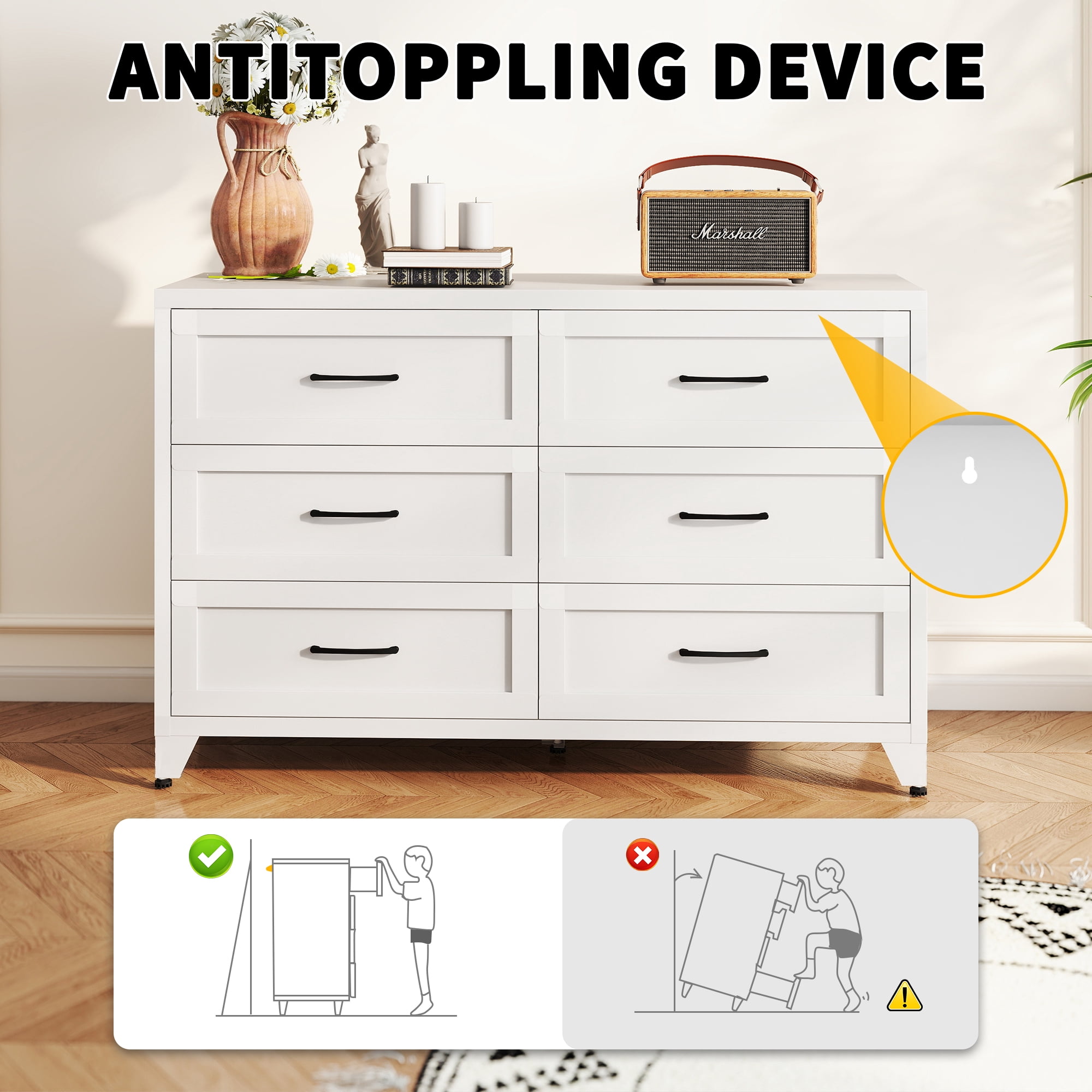 ShiKeyi 6 Drawer Dresser for Bedroom, Modern Metal Wide Storage Chest with Metal Handles and Legs, White