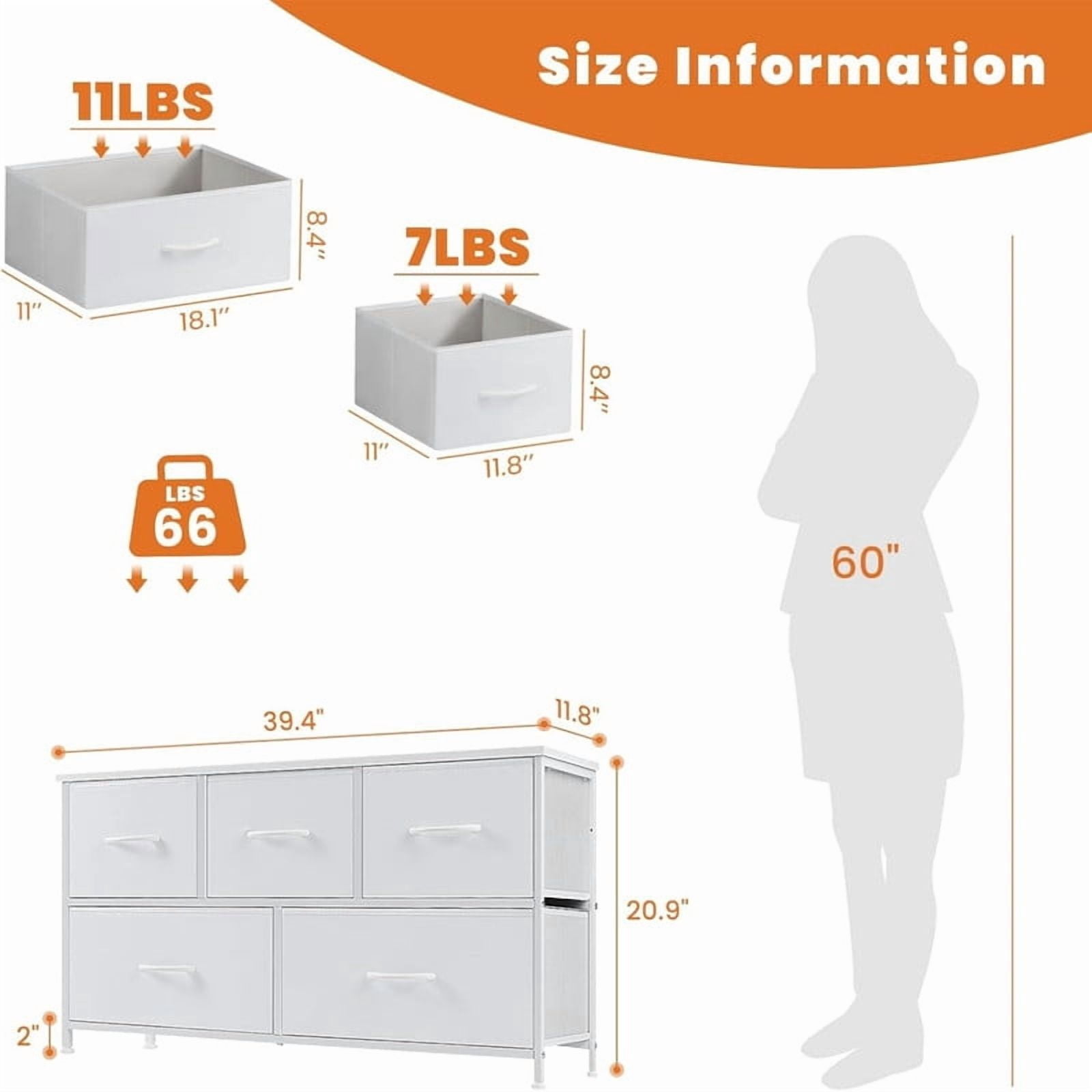 Kelno 5 Drawer Dresser Fabric Chest of Drawers Storage Organizer Wood Top Surface for TV, White