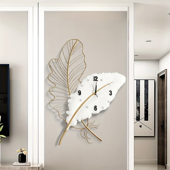 30 Inch Large Wall Clock Metal Feather Decorate, Golden Silent Non-Ticking Big Clocks Modern Home Decorations for Living Room Bedroom Dining Room Office