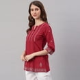 thumbnail image 5 of Janasya Indian Round Neck 3/4 Sleeve Embroidered Maroon Cotton Tunic For Women, 5 of 8