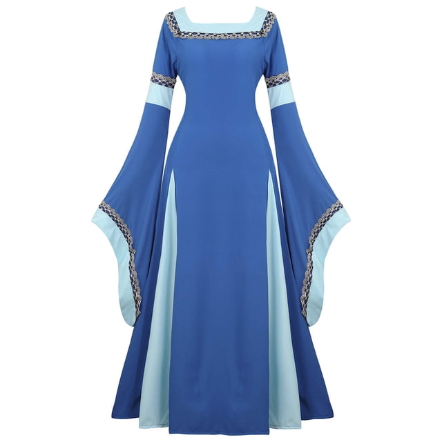 Famajia Costume Médiéval Renaissance pour Femmes Robe Longue Vintage Rétro Cosplay Bleu Très Petit