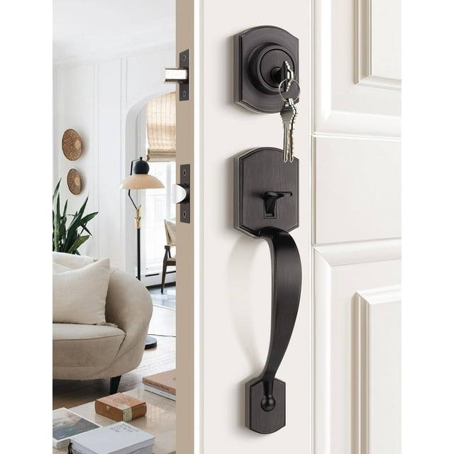 Poignée de Porte d'Entrée et Ensemble de Pêne Dormant, Ensemble de Serrure de Porte d'Entrée, Bronze Huilé Vintage, Demi-Poignée Inférieure pour Entrée, Poignée de Porte d'Entrée avec Levier Réversible