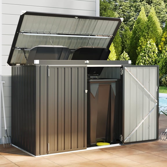 Outdoor Trash Can Storage Shed Waterproof Metal Garbage Can Organizer Bin Holder With Chain Lid Enclosure Cabinet For Patio Backyard Garden Black