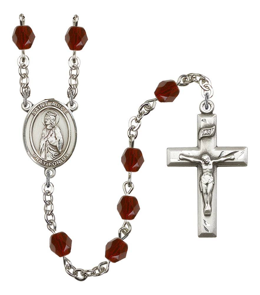 18-Inch Rhodium Plated Necklace with 4mm Garnet Birthstone Beads and Sterling Silver Saint Jude Thaddeus Charm. 