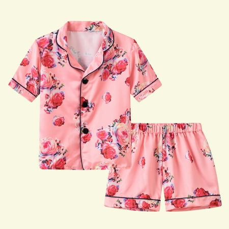 

Herrnalise Little Baby Girls Boys Pajamas Set Satin Silk Kids Short Sleeves Cartoon Print Sleepwear 2 Piece Button Pajamas Set