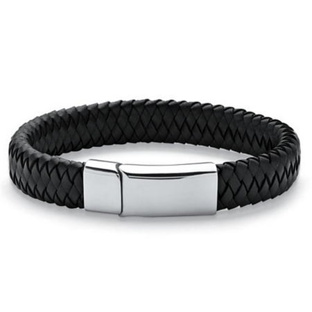 PalmBeach Jewelry 53994 Mens Braided Leather Bracelet in Stainless Steel