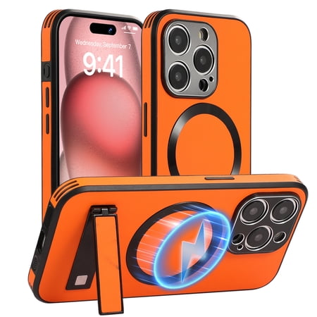 Ancove for iPhone 13 Pro Max Magnetic Case,[Compatible with Mag Safe],Shockproof Business PU Leather Ultra Slim Thin Case Cover with Built-in Kickstand for iPhone 13 Pro Max,Orange