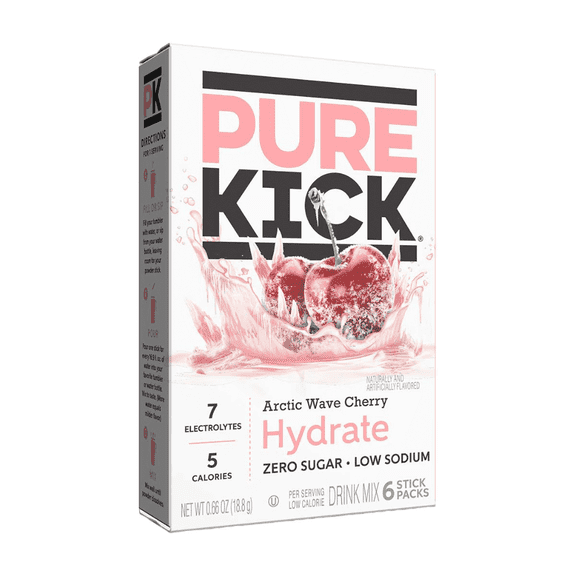 Pure Kick Hydrate Electrolyte & Caffeine Powder Drink Mix Arctic Wave Cherry Pack, 6 Count Packets
