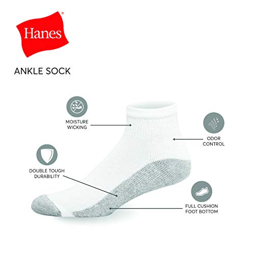 Hanes Men's Cushioned FreshIQ Odor Control 6-Pack Ankle Socks, White, Shoe Size: 6-12
