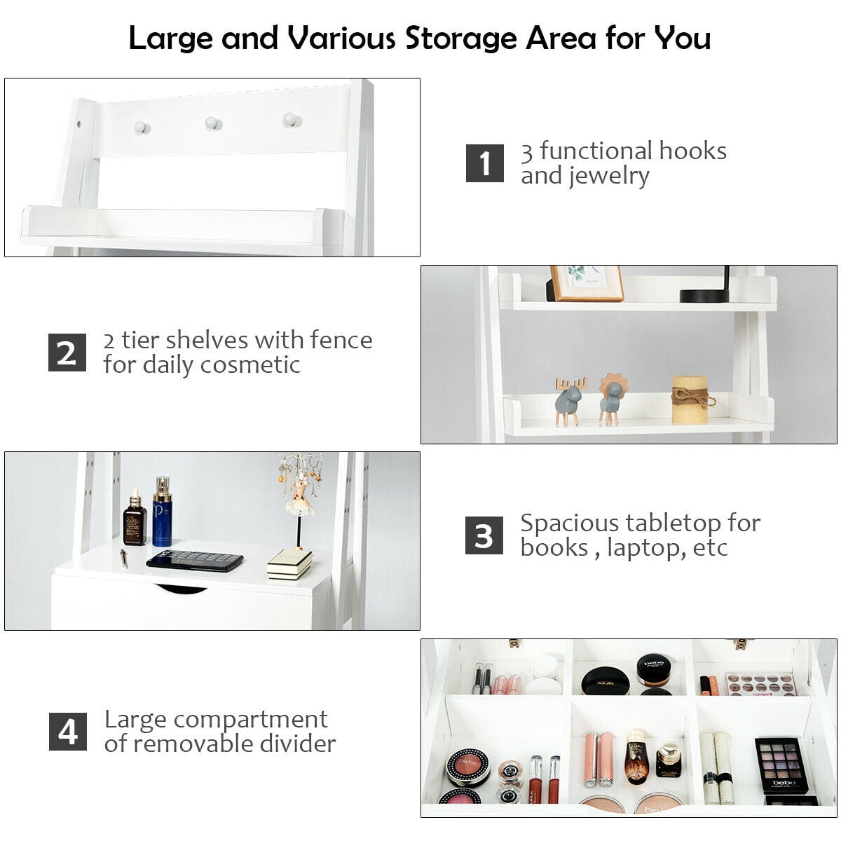 Gymax Makeup Dressing Table Vanity Set with Flip Top Mirror Hooks Shelves