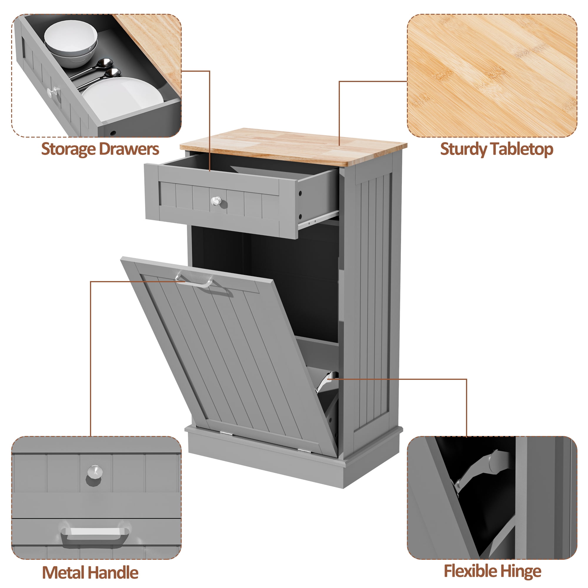 AHB 13 Gallon Single Tilt Out Trash Cabinet with Drawer, Freestanding Kitchen Trash Can Storage Organizer, 20.9"L x 13.55"W x 38.5"H, Gray