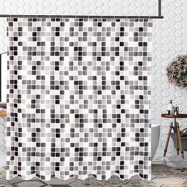 Cortina de ducha Cortina antimoho para baño Tela de poliéster Cortina de bañera decorativa impermeable con 12 ganchos de anillos de cortina-P