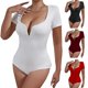thumbnail image 2 of Women’s Short Sleeve Deep V Neck Bodysuit Tops Solid Color Sexy Slim Fit Stretchy Tshirts Bodysuit Bodycon Jumpsuits Burgundy XL, 2 of 4