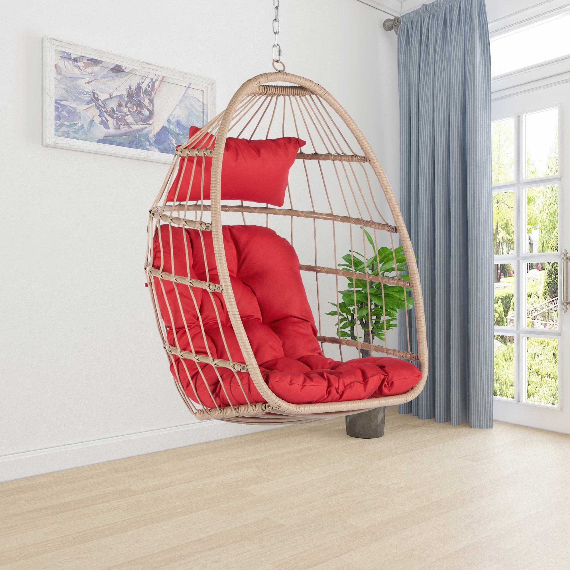 Hanging Egg Chair, Indoor Outdoor Swing Egg Chair Without Stand, Wicker Hammock Chair Swing with Cushion & Hanging Chain, Hanging Lounge Chair for Patio Backyard Balcony Garden Bedroom - image 3 of 9