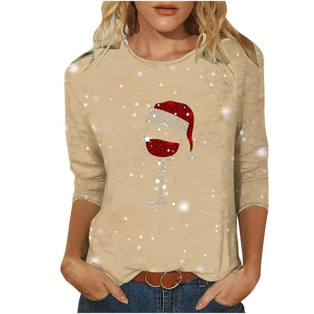 Besolor Chemises de Noël 3/4 pour Femmes Imprimées Col Rond Tuniques Décontractées Grande Taille Blouses de Vacances