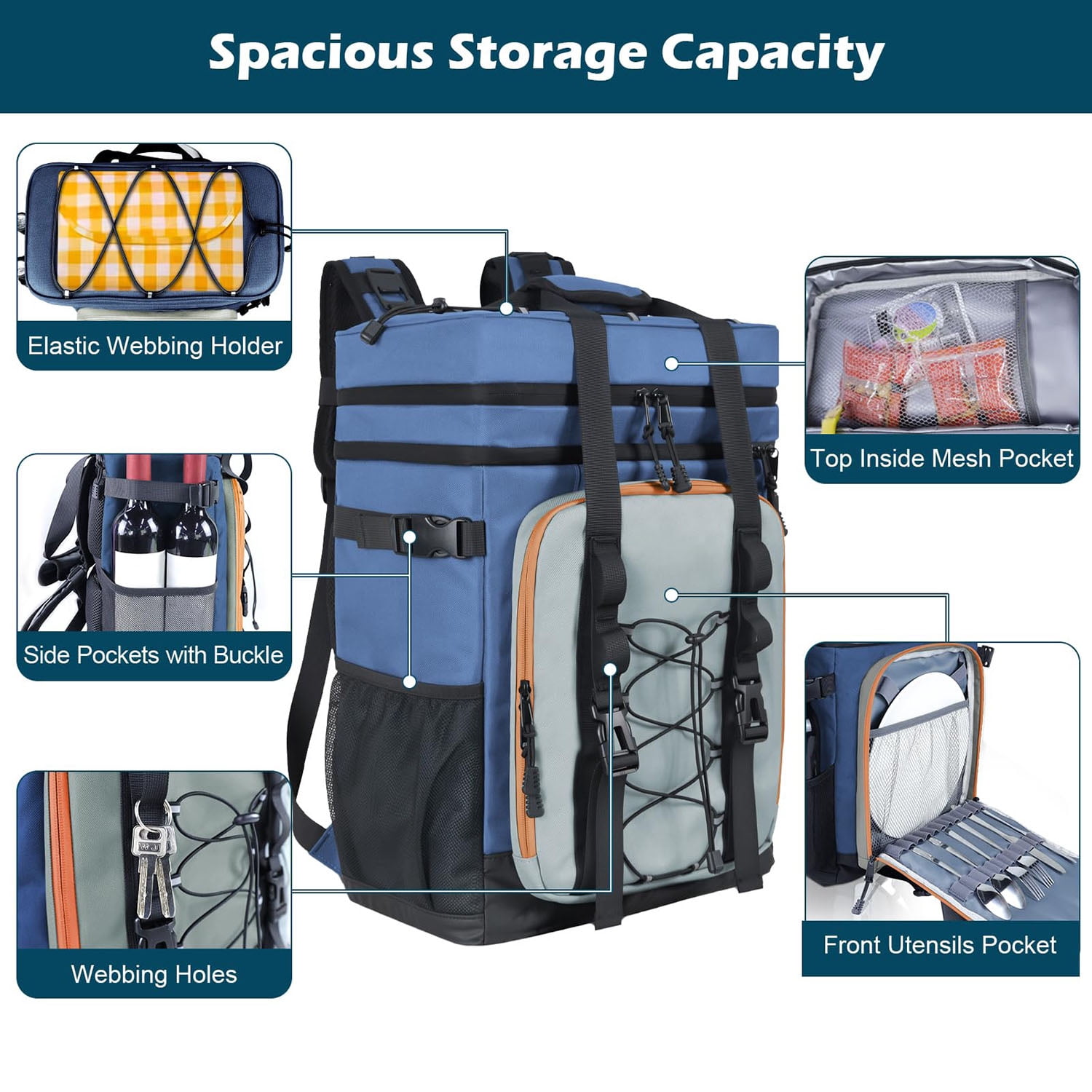 HOMEYA Cooler Backpack,40 Cans Backpack Cooler Insulated Leak Proof,Portable Multifunctional Double Deck Camping Coolers Bag for Picnic Hiking Travel,Navy Blue