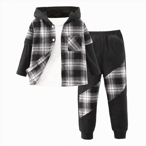 YDFCWXW Size 2-6 Toddler Boys Clothes Plaid Hooded & Pants 2 Set Kids Boys Outfits Sets (Black, 5-6 Years)