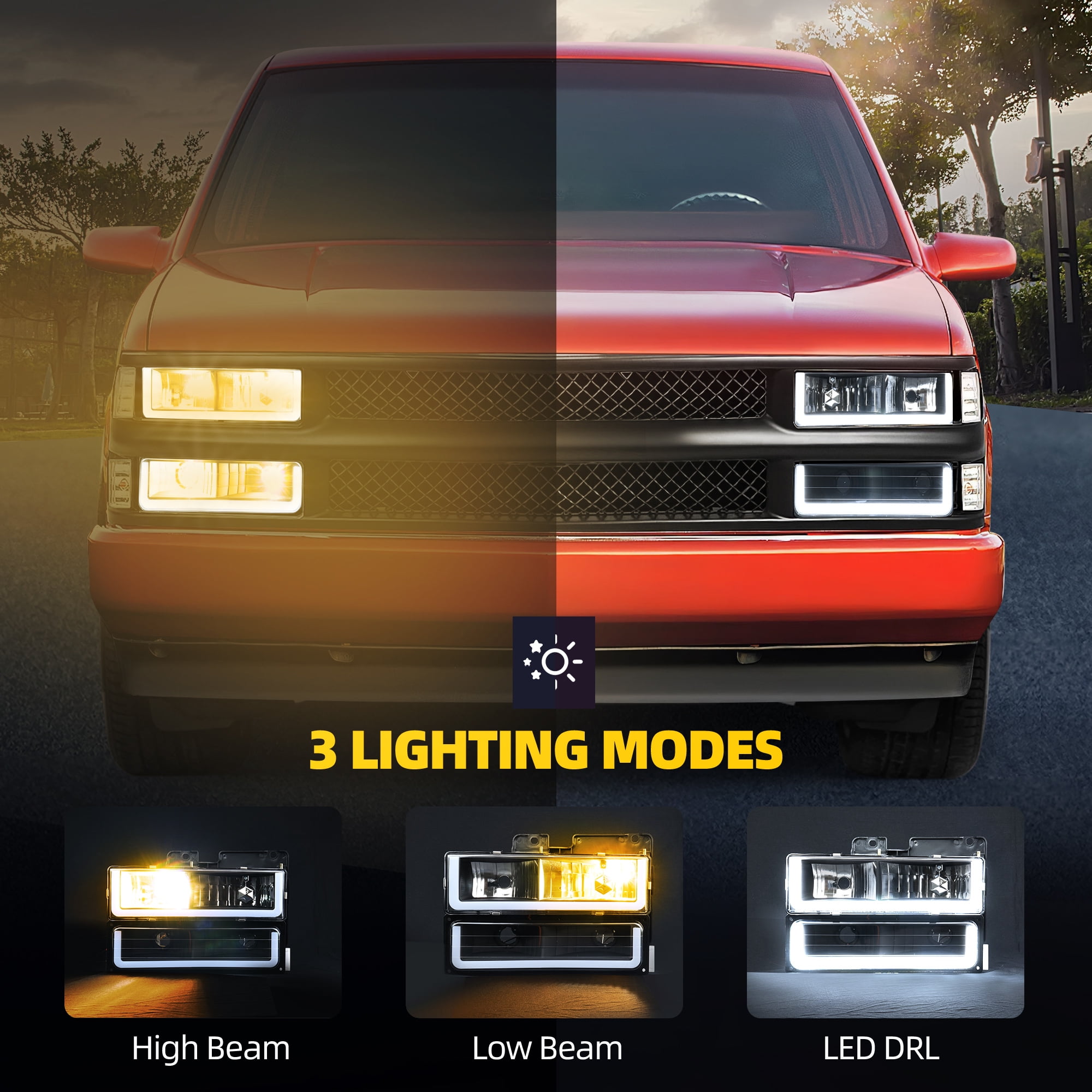 RVNI [U-LED DRL] Headlight+Bumper Lamps For 1990-1999 Chevy GMC C/K C1500 C2500 C3500