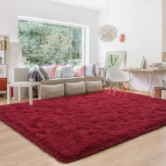 Alfombra Benron Fluffy, 152 x 244 cm, color rojo vino, lavable