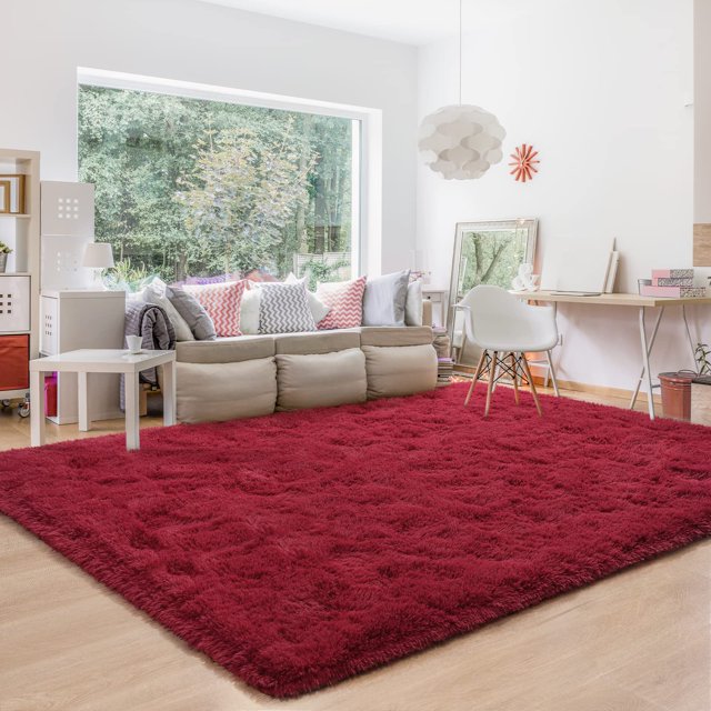 Alfombra Benron Fluffy, 152 x 244 cm, color rojo vino, lavable