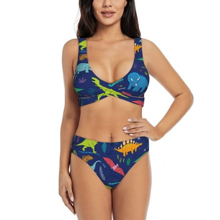 Zeuib Dinosaurs High Waisted Tummy Control Bikini Set - Knot Front Push Up Top & Cheeky Thong Bottom  Two-Piece Swimsuit for Women-X-Large