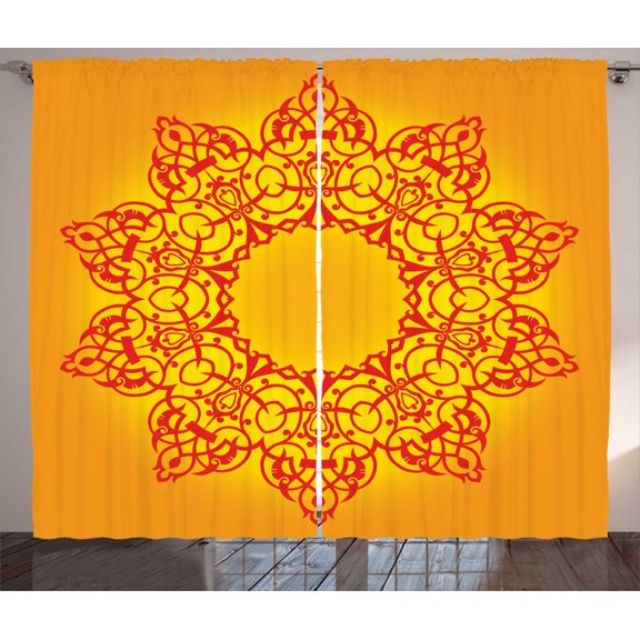 Ambesonne Mandala Curtains 2 Panel Set, Circular Repeating, 108" x 63", Orange Yellow
