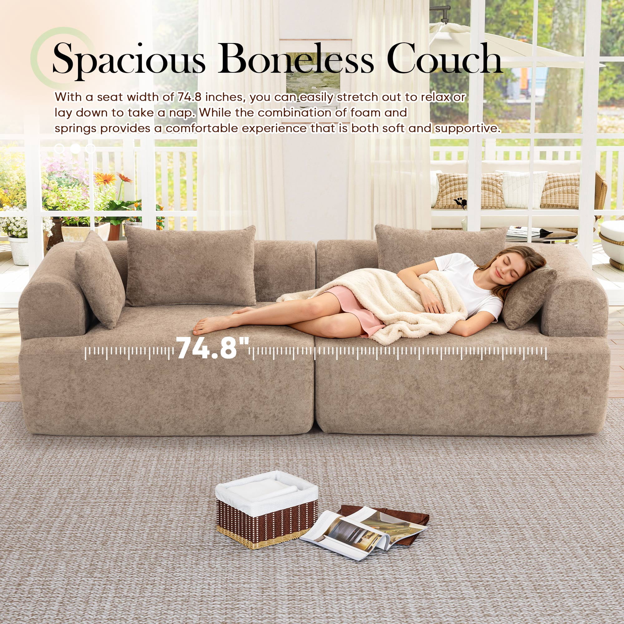 Muumblus Boneless Modular Sectional Sofa, 96" Oversized Deep Seat Loveseat Sofa, Cozy Cloud Living Room Couch, Brown Teddy