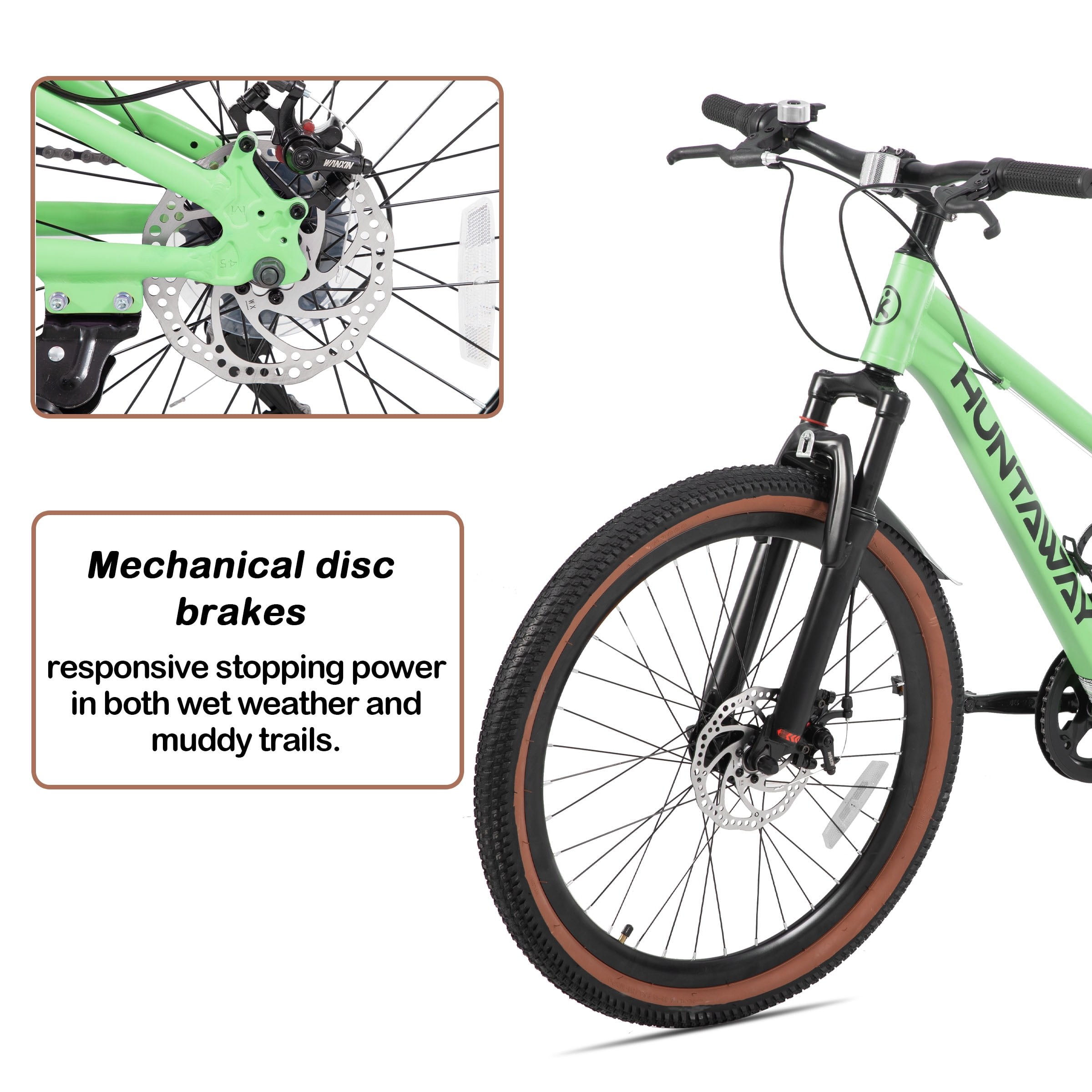 KEANO Huntaway 24 Inch Kids Mountain Bike for Boys Girls Ages 8-12, 7-Speed Kid Bicycle with Lightweight Alloy Frame, Dual Disc Brakes, Green