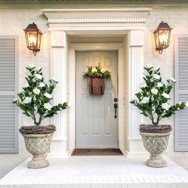 4 pack of 35in artificial camellia con ground spike - fake silk topiary trees para home decor, garden, patio, y indoor use, blanca color