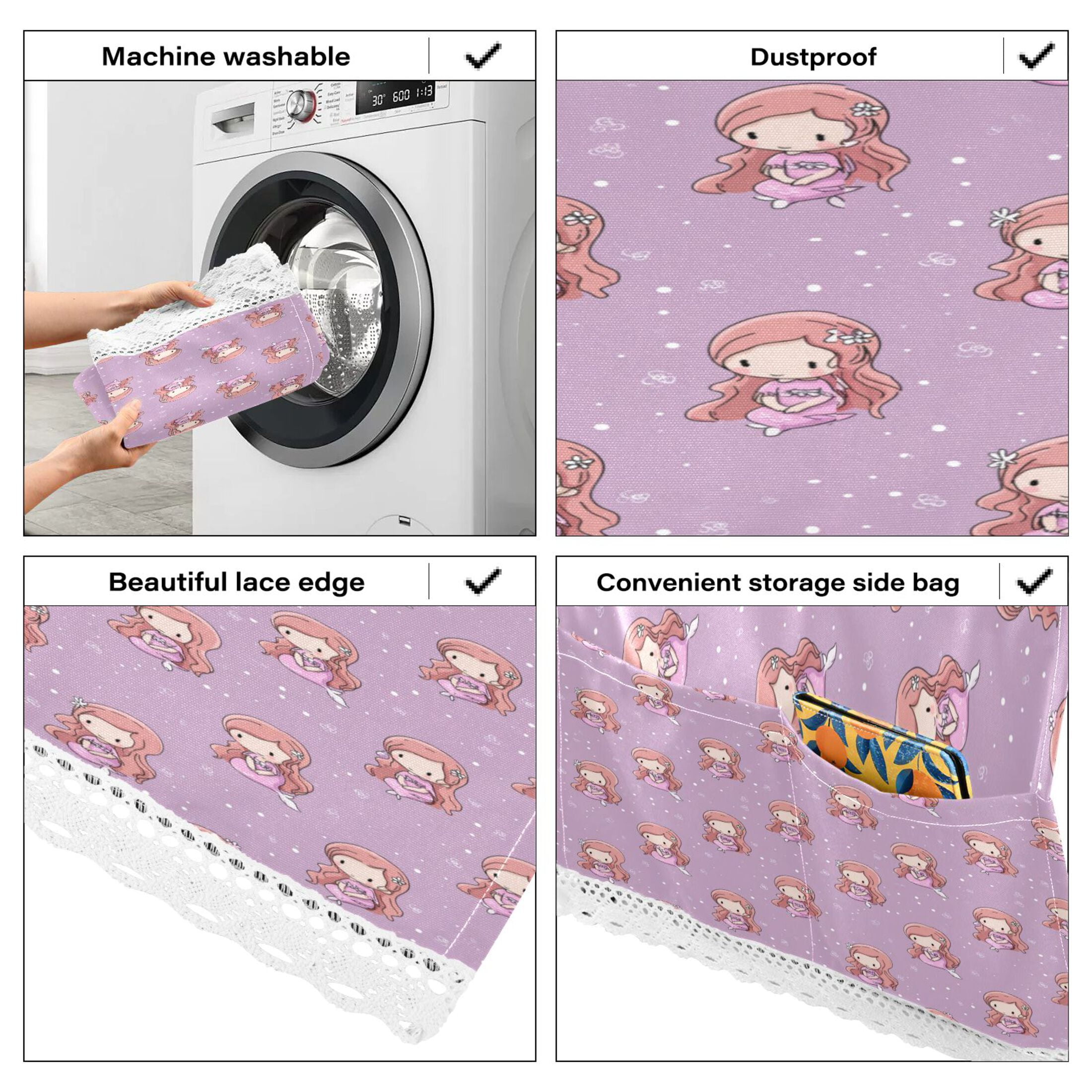 Dustproof Washing Machine Cloth Washer and Dryer Top Covers, Fridge Dust Cover, With Storage Bags Cartoon Mermaid Pattern