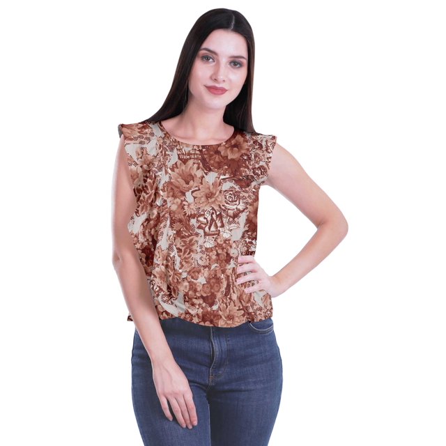 Moomaya Débardeur Sans Manches à Volants Imprimé pour Femmes Col Rond Crop Top Décontracté