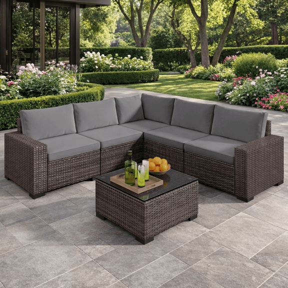 6-Piece Outdoor Patio Sectional Sofa Set with Coffee Table - All-Weather PE Wicker Rattan Conversation Set with Thickened Cushions for Garden, Backyard, Gray