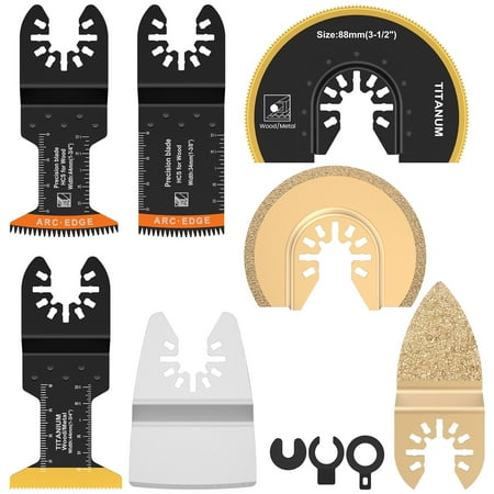 

JTNero 7Pcs Oscillating Saw Blades Set Multifunctional Semi Circle Titanium Bimetal Saw Blades Arc Edge Precision Tooth Saw Blades Universal Oscillating Multitool Blades with 3 Spacers for Wood