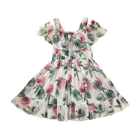 

DNDKILG Baby Toddler Girl Cold Shoulder Summer Sundress Short Sleeve Dress Ruffle Floral Dresses Army Green 9M-6Y 90