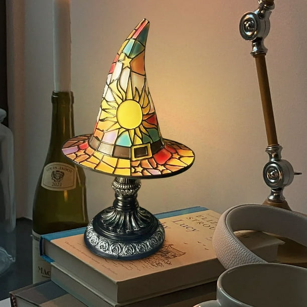 Lámparas de noche, lámpara de escritorio, lámpara de sombrero de bruja decorativa, lámpara de vitral con sombrero de bruja, lámpara de mesa de Halloween, vitral de resina con sombreros de mago, lámpar