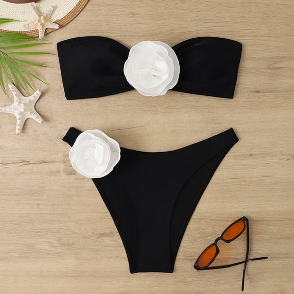 Joernso 2 Pcs/Set Women Bikini Set Off Shoulder Fake Flower Decor Solid Color Soft Padded Wireless Lady Beachwear Bathing Suit Swimsuit