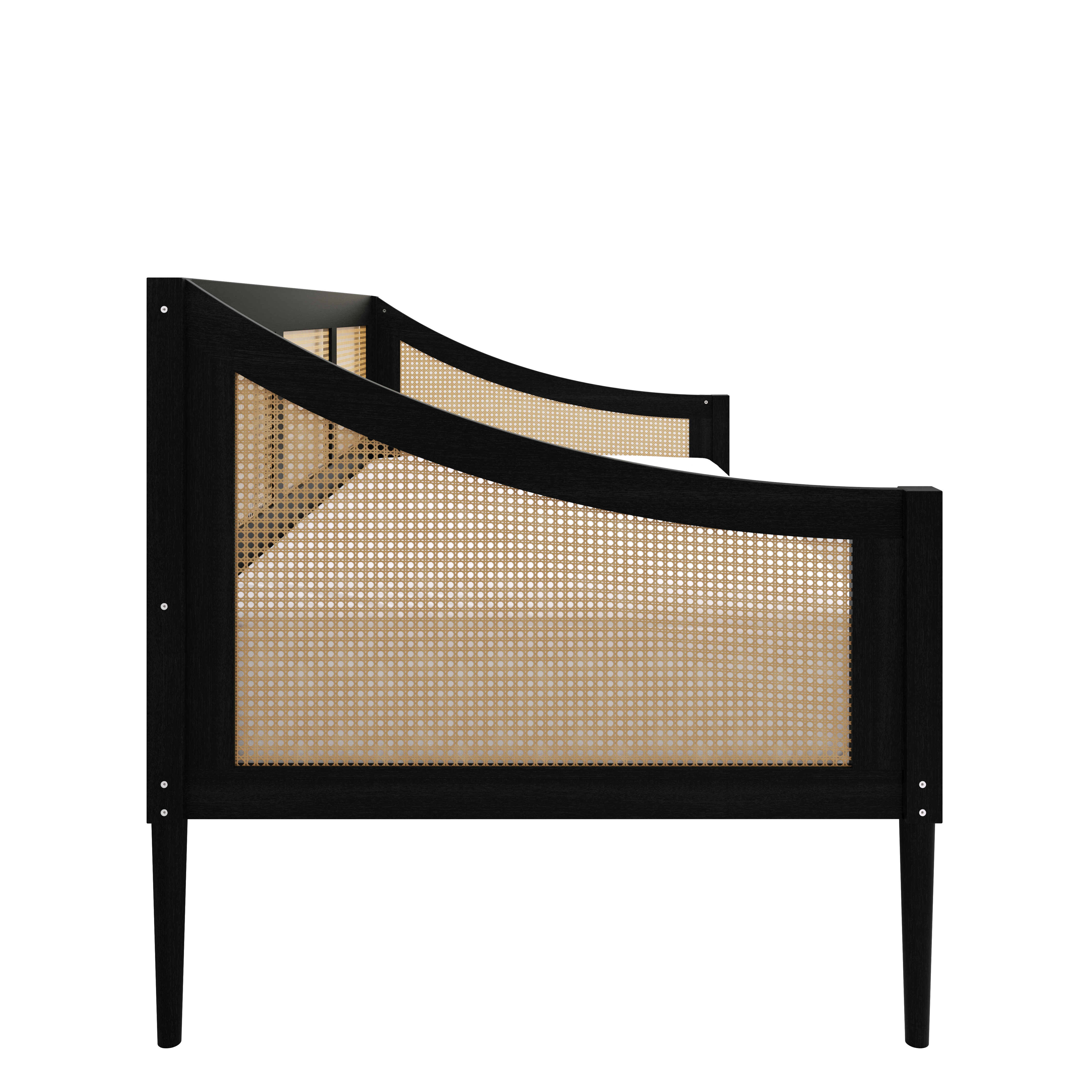 Home Design Elko Twin Daybed with Natural Wood Grain Frame, Rattan Accents, Durable Solid Wood, Stylish Seating and Sleeping Solution, Black