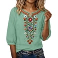 thumbnail image 5 of Qulqfy Embroidered Womens Tops 3/4 Sleeve Fall Casual Floral Mint Green Tunic Henley V-Neck Cute Comfy Shirts L, 5 of 8