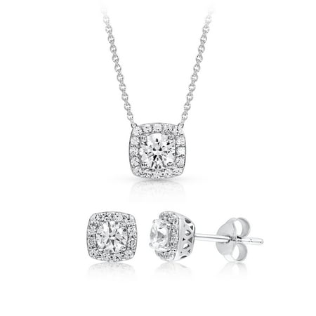 Sterling Silver Halo Cubic Zirconia Cushion Pendant And Earring Set Made With From Swarovski Sterling Silver Halo Cubic Zirconia Cushion Pendant And Earring Set Made With From Swarovski