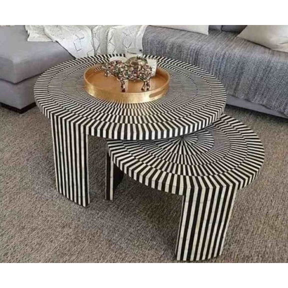 Luxury Handicrafts Nesting Bone Inlay Coffee Table Set, Black/White