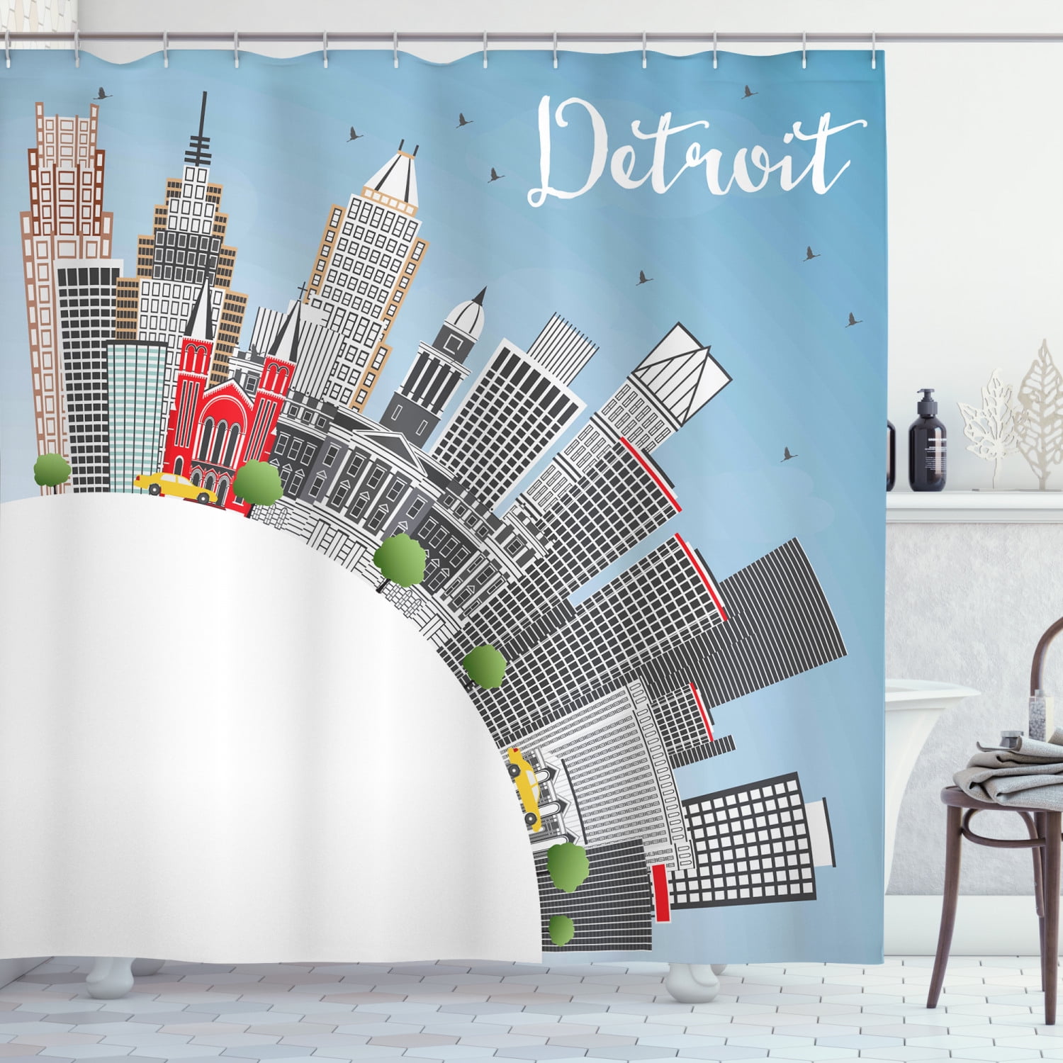 Michigan Shower Curtain, Detroit Michigan USA City Skyline with Grey